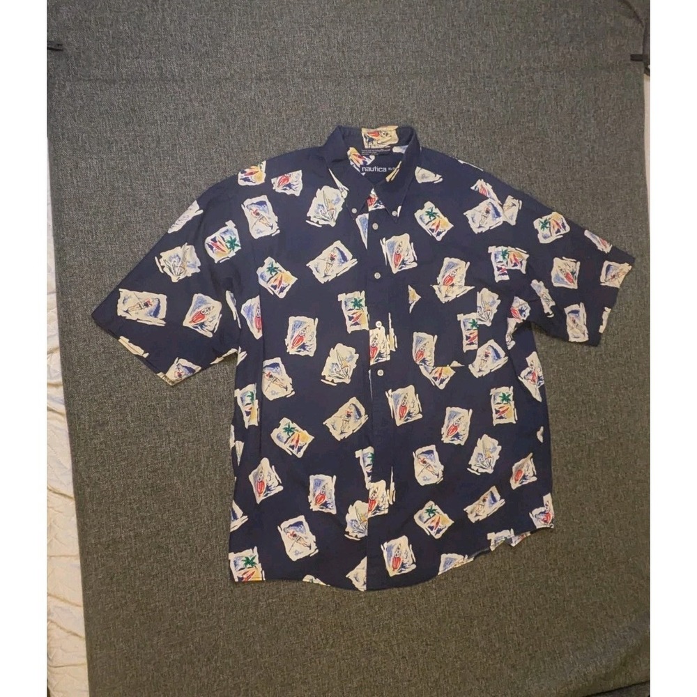 Vintage Nautica Men's tropical button down short sleeve Hawaiian Shirt XL Collar